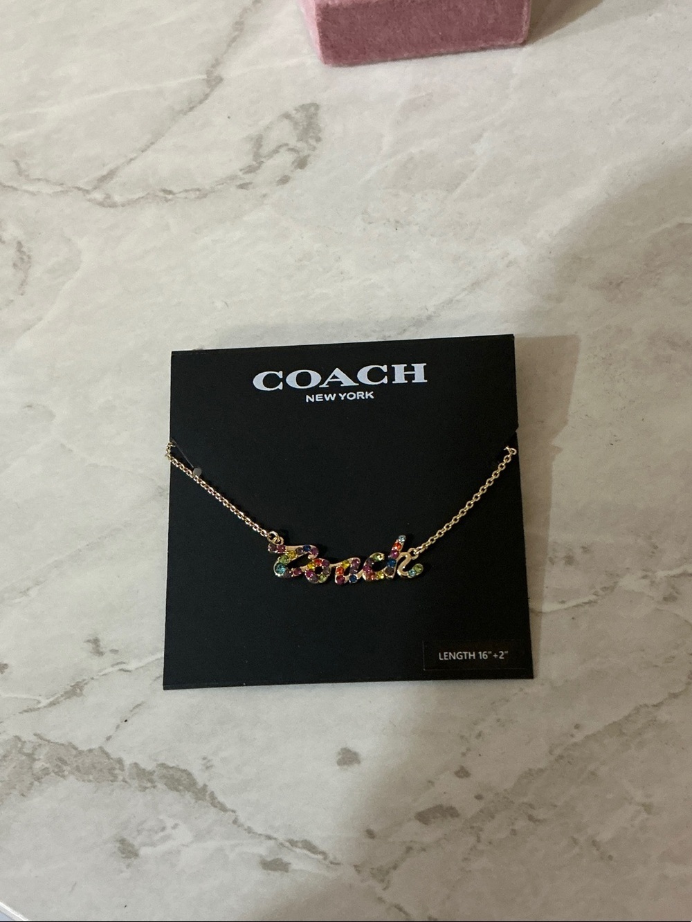 Coach Gold-Tone Script Necklace with Multicolor Stones
